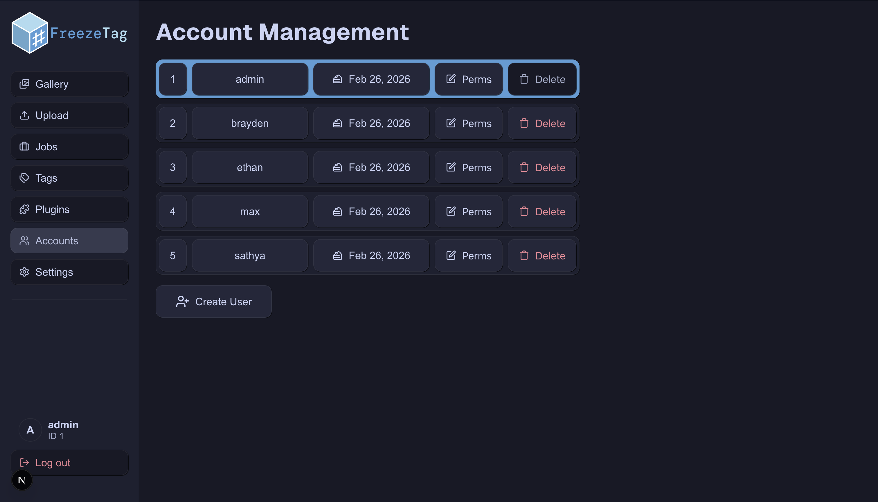 Example of the Accounts Page